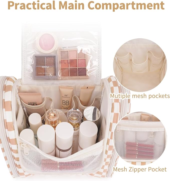 Narwey Checked Hanging Travel Toiletry Bag for Women, Travel Bag for Toiletries, Makeup Bag Organizer Cosmetic Bags Make Up Bags for Women (Light Checkerboard) - Image 3