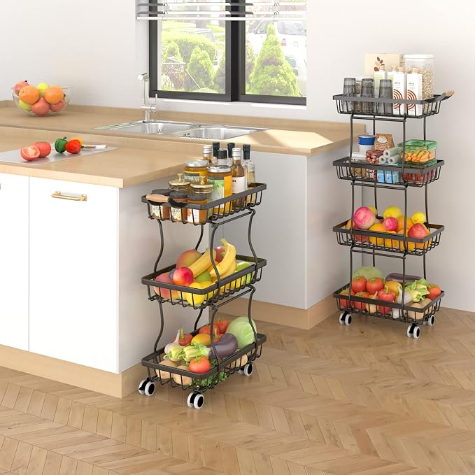 CHLORYARD 4 Tier Slim Fruit Basket for Kitchen, Stackable Metal Wire Fruit Vegetable Storage Baskets Organizer Stand on Wheels, Produce Basket Potato Onion Storage Bins Rack for Pantry. (Black) - Image 5