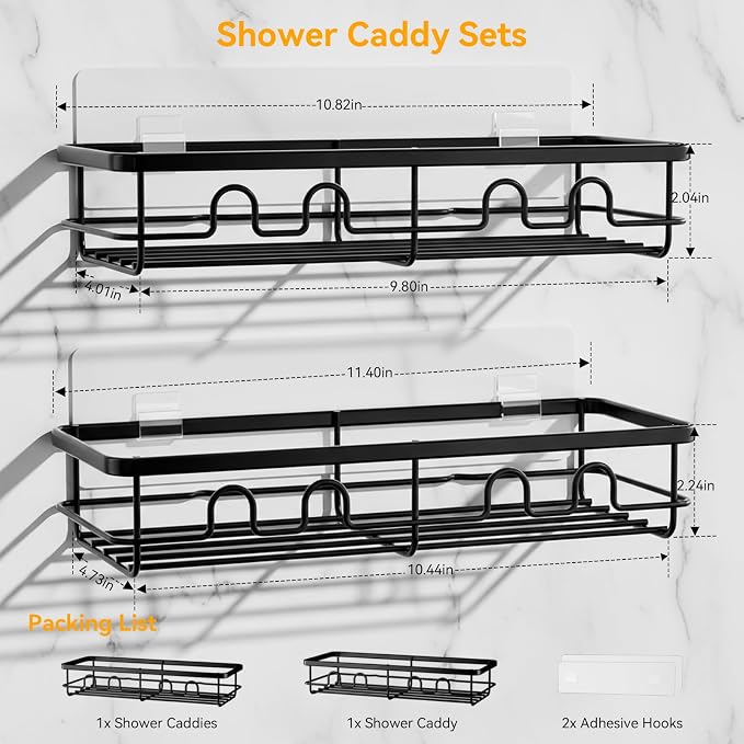 Adhesive Shower Caddy, Large Capacity Shower Racks for Inside Shower, No Drill Bathroom Shower Organizer and Storage, 2 Pack Black Bathroom Shelves, Home Decor Rv Accessories, Apartment - Image 3