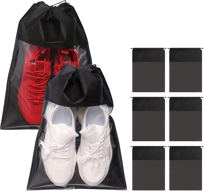 8 Pack Portable Shoe Bags for Travel Large Shoes Pouch Storage Organizer Clear Window with Drawstring for Men and Women Black by TENABORT