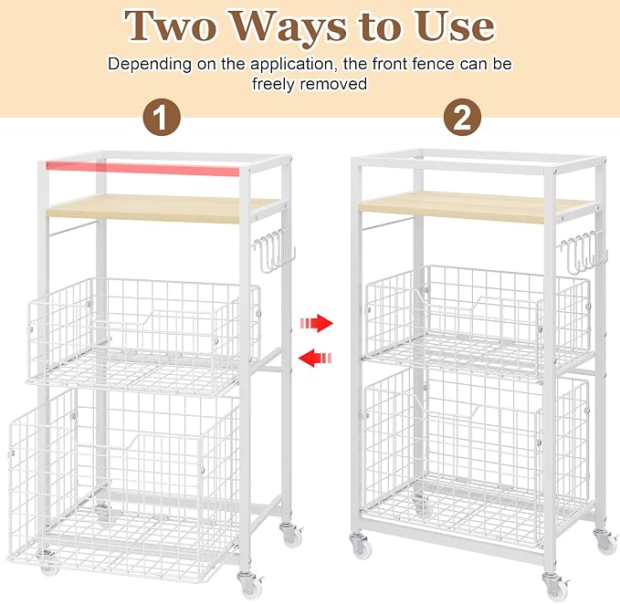 Hongtamoya 3 Tier Laundry Room Cart with Pull-Out Baskets, Storage Cart with Wheels, Rolling Cart with Wood Top Metal Bathroom Laundry Room Organization Mobile Shelf Unit Organizer Trolley, White - Image 3