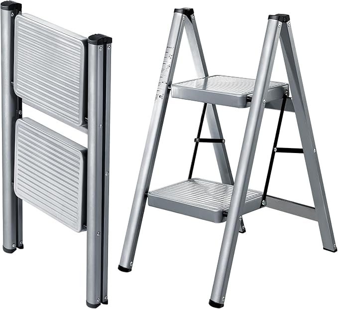 2 Step Ladder, Steel Folding Step Stool with 330lbs Heavy Duty | Anti-Slip Wide Pedal | 1.9" Slim Fold | Ideal for Bathroom Sink, Bed Step Stool, Kitchen Counter & Plant Shelf Display by XinSunho