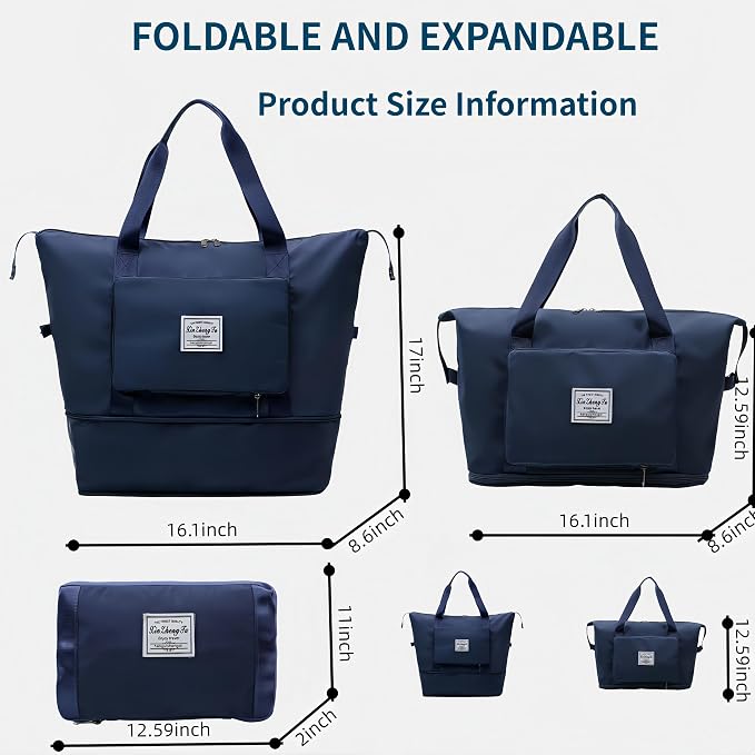 Large Capacity Foldable Travel Bag, Expandable lightweight Carry on Bag, Dry with Wet Separation Spor Duffel Bags (Dark Blue) - Image 2
