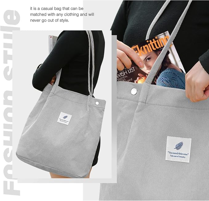 LHMTQVK Corduroy Tote Bags for Women, Large Capacity Tote Purse Reusable Grocery Shoulder Bag with Inner Pockets - Image 5