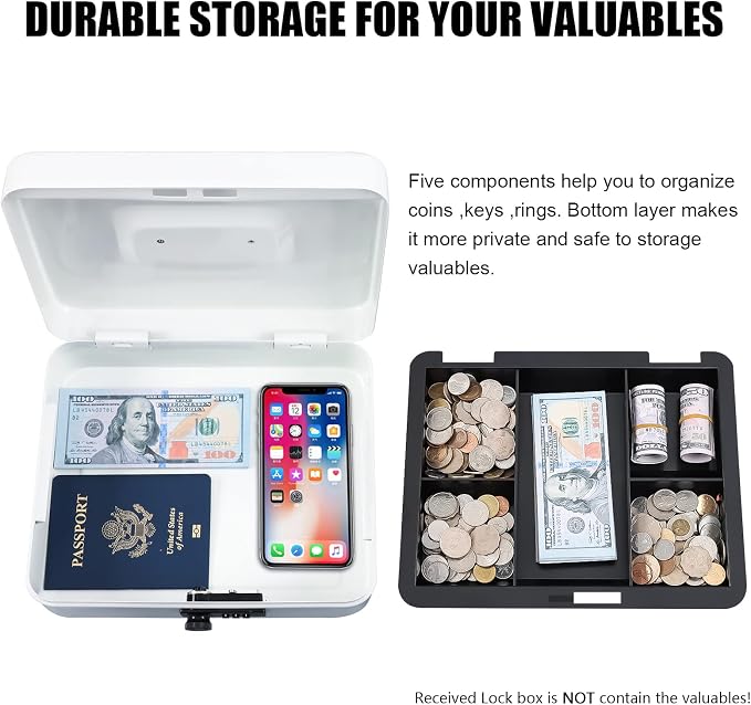 KYODOLED Large Cash Box with Combination Lock,Safe Metal Box for Money, Storage Lock Box with Money Tray,9.84"x 7.87"x 3.54" White Large - Image 4