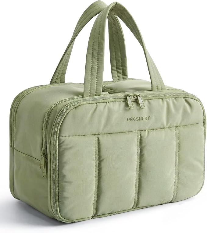 BAGSMART Travel Toiletry Bag, Puffy Large Toiletry Bag for Women, Lightweight Cosmetic Makeup Bag Organizer with Handle for Traveling, Accessories, Essentials, Toiletries (Green) by BAGSMART