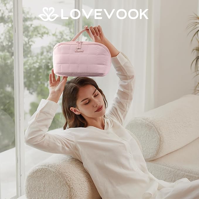 LOVEVOOK Travel Makeup Bag for Women, 2Pcs Puffer Waterproof Cosmetic Organizer, Large Capacity Pouch Open Flat Small Toiletry Bag with Brush Compartment & Handle (Pink-Checkered, Medium) - Image 2