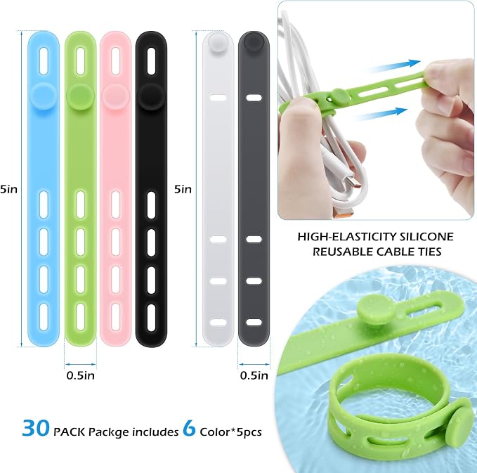 30 Pcs Silicone Cable Ties, Cord Organizer Ties, Cord Ties Reusable, Cord Wrap Cable Organizer 5Inch Cable Management (6 Color) Cbfoeyk - Image 2