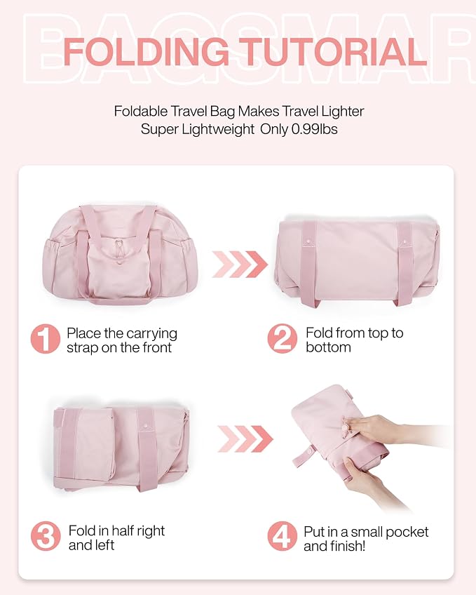 BAGSMART Foldable Travel Duffle Bag for Women, Gym Tote for Sports, Pink | 26L Airport Carry On Weekender Overnight Bag for Travel, Travel Accessories - Image 7