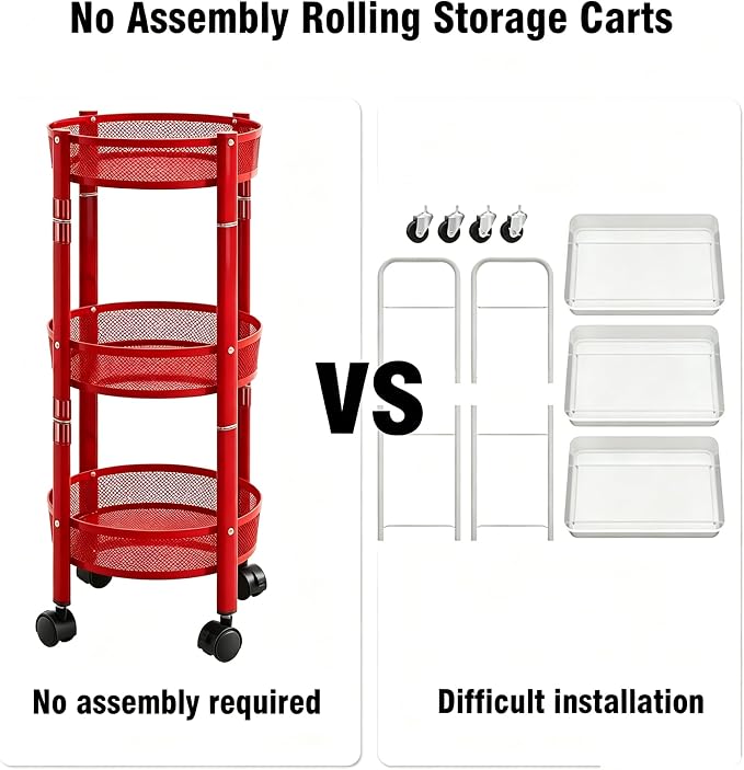 3-Tier Foldable Rolling Cart, Collapsible Metal Utility Cart with Wheels, Assembly-Free, Round Storage Organizer Trolley for Kitchen, Bathroom, Dorm, Nursery-Red - Image 5