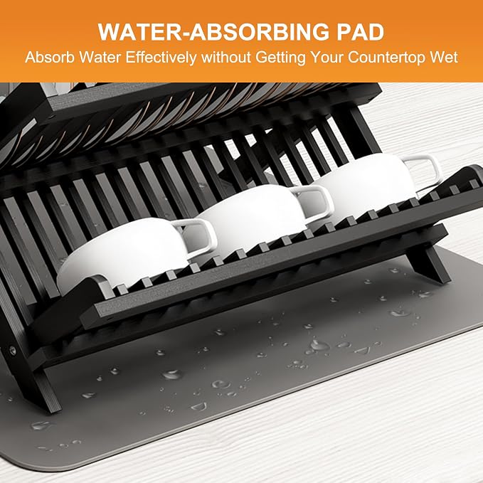 Greenual Black Bamboo Dish Drying Rack with Utensil Holder, 3 Tier Collapsible Dish Rack, Wooden Dish Racks for Kitchen Counter, Large Folding Drying Holder with Absorbent Dish Drying Mat - Image 6