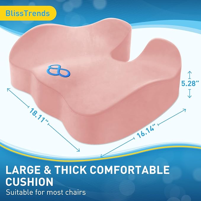 BlissTrends Thick Seat Cushion for Office Chair & Car Seat, XL, Pink | 5.2in Memory Foam with Removable Velvet Cover, Ergonomic Tailbone & Sciatica Support for Pressure Relief and Long Sitting - Image 3