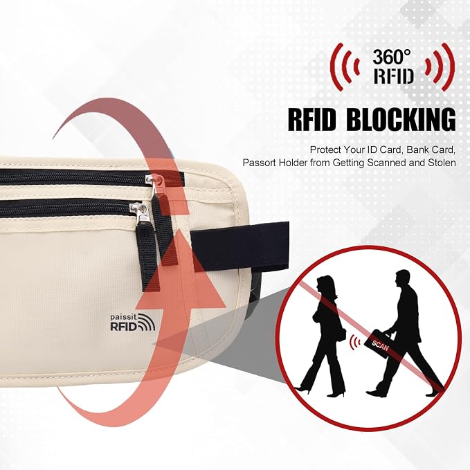 Unisex Money Belt For Men and Women, Slim Passport Holder RFID Blocking Travel Essentials Bags with Adjustable Strap Small Waist Pouch for Workout Running Travelling Hiking, Cream White - Image 2