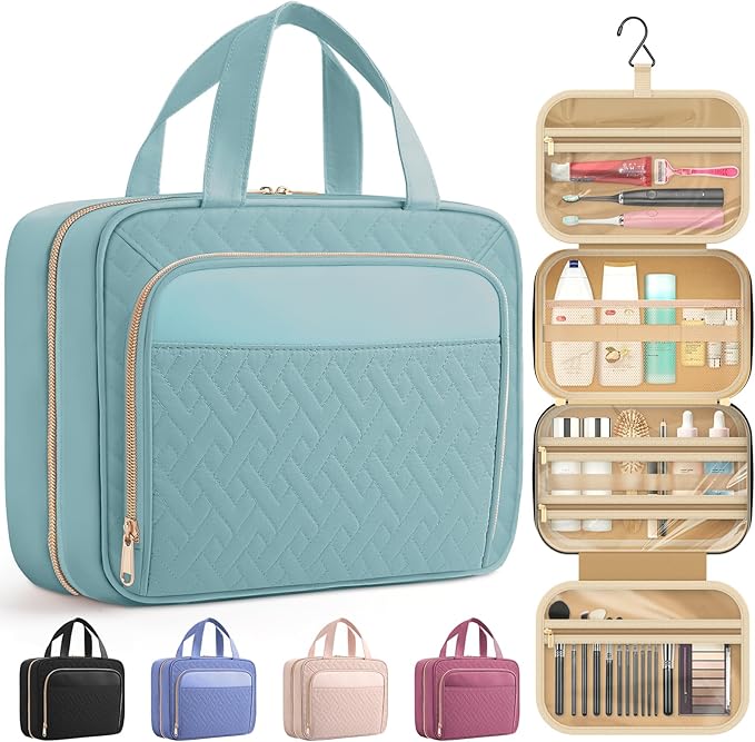 HOTOR Hanging Travel Toiletry Bag Women Men, Light Blue, Medium | Waterproof Makeup Bag Hanging Hook,Multiple Pockets,Travel Essentials,11.2 x 3.2 x 8.9inches by HOTOR