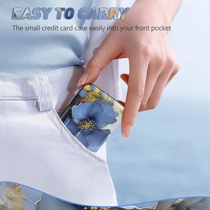 Credit Card Holder, Mini RFID Small Aluminum Card Wallet Business Card Case | Blocking Slim Metal RFID Blocking Front Pocket Wallet Hard Case Durable CC Holder for Women Girls, Blue Flowers - Image 6