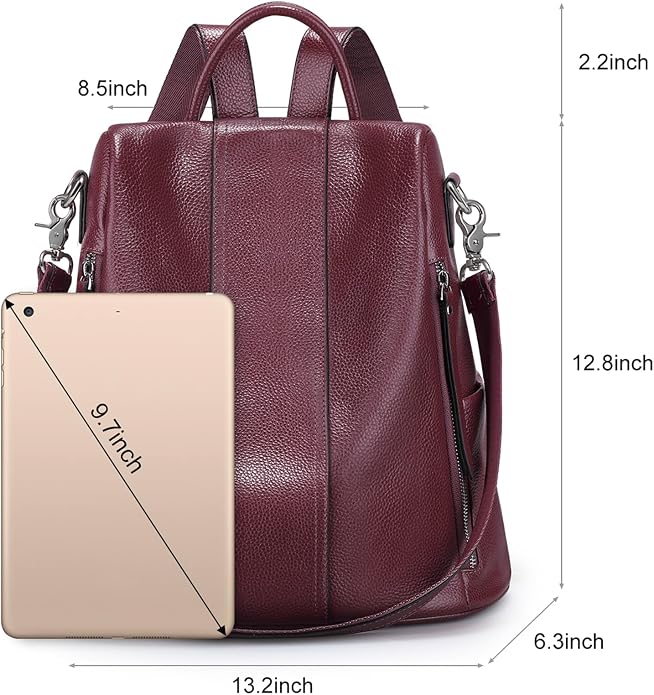 S-ZONE Leather Backpack Purses for Women Antitheft Rucksack Shoulder Bag Medium | Genuine Leather, Medium Fits 9.7-inch Tablet, for Work Travel Daily Commute, Multi Pockets, Adjustable Dual Straps - Image 4
