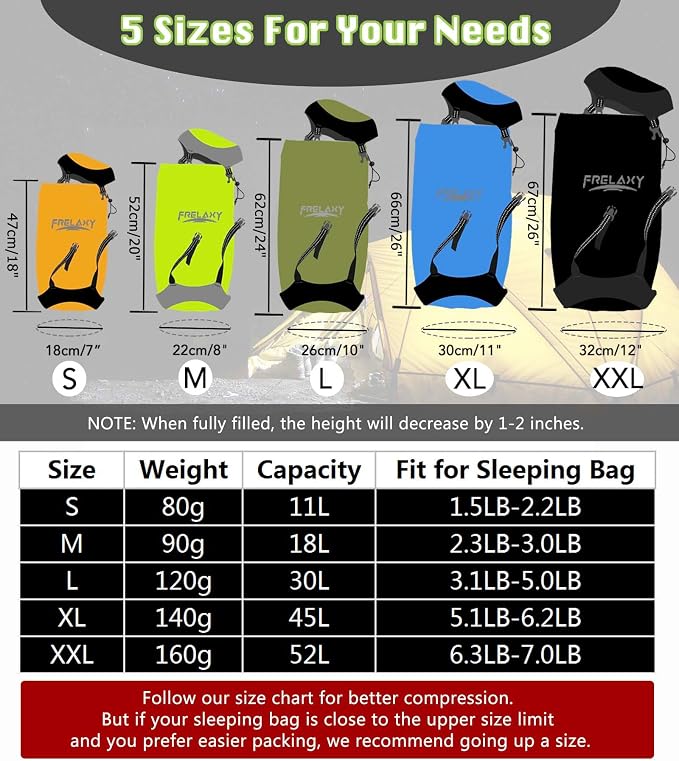 Frelaxy Compression Sack, 40% More Space! Sleeping Bag Stuff Sack | Ultralight Compression Stuff Sack, Water-Resistant & Ultralight Space Saving Gear for Camping, Hiking 11L/18L/30L/45L/52L - Image 5
