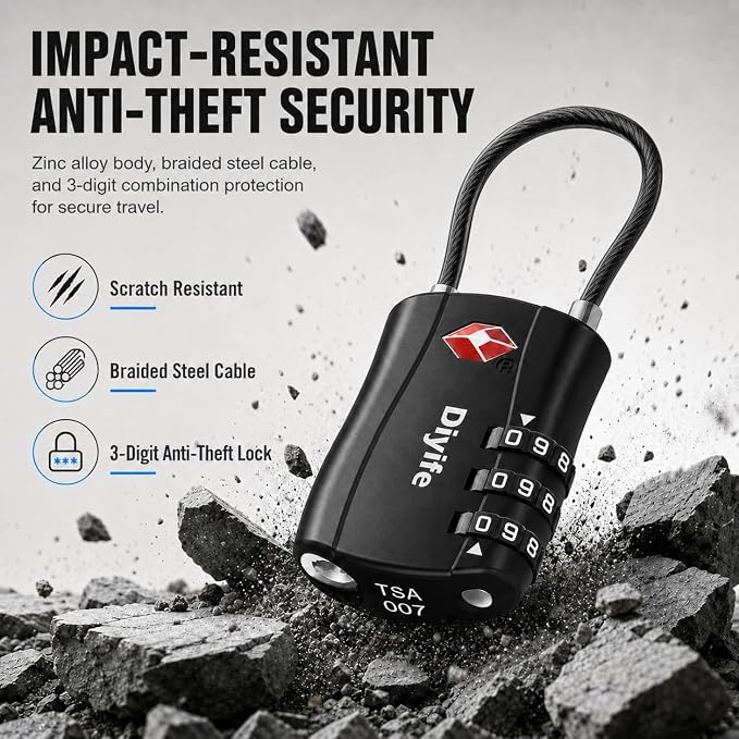 TSA Approved Luggage Locks, Diyife 2 Pack Combination Travel Cable Lock | 3-Digit Resettable Code Lock with Zinc Alloy Body for Suitcases Travel Backpack Bag Case Gym Locker, Black - Image 2