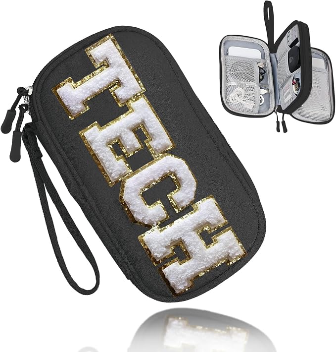 COSHAYSOO Small TECH Pouch Electronics Organizer Travel Bag Personalized Valentines Traveling Gifts for Women, Charging Cords Phone Charger USB Cable Management Airplane Cruise Essentials Black by COSHAYSOO