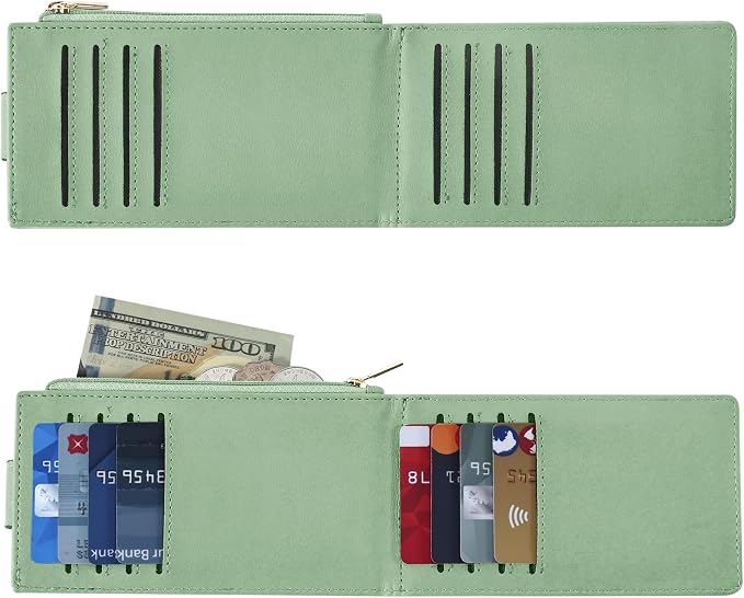 Chelmon Women's RFID Slim Card Holder Wallet | Thin Bifold Multi Card Case with Zipper Coin Pocket Purse for Women(Light Green) - Image 5
