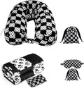 Travel Pillow with Detachable Flannel Blanket & Eye Mask – Plush Velvet Neck Support Pillow for Airplane,Car,Office Rest,Coordinated Digital Print Set (Black Dog Claw Grid, 50in * 60 in) by HarmengDen