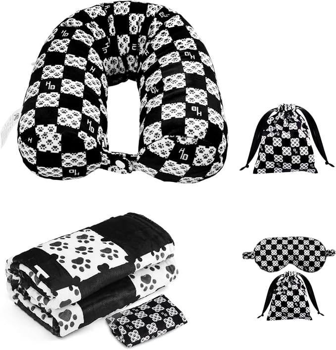 Travel Pillow with Detachable Flannel Blanket & Eye Mask – Plush Velvet Neck Support Pillow for Airplane,Car,Office Rest,Coordinated Digital Print Set (Black Dog Claw Grid, 50in * 60 in) by HarmengDen