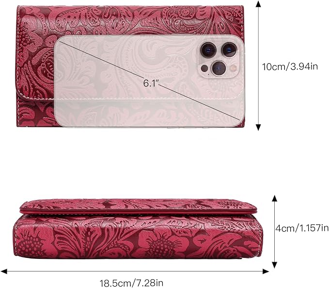 GOIACII Leather Wallets for Women RFID Blocking Western Clutch Red | Embossed Design, Trifold, Large Billfolds, Vintage Flower, Ladies Purses with Zipper Coin Pocket - Image 5