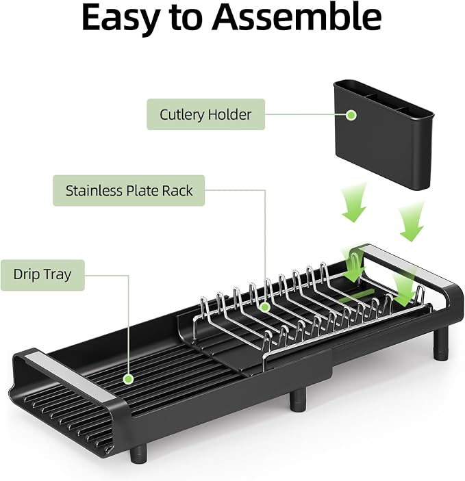 TOOLF Small Dish Drying Rack, Expandable and Space-Saving, Matte Black | Mini Dish racks for kitchen counter, Compact Design Fits Sink or Counter, Stainless Steel Plate Rack, 11"-19.3"L×7.7"W×3.54"H - Image 7