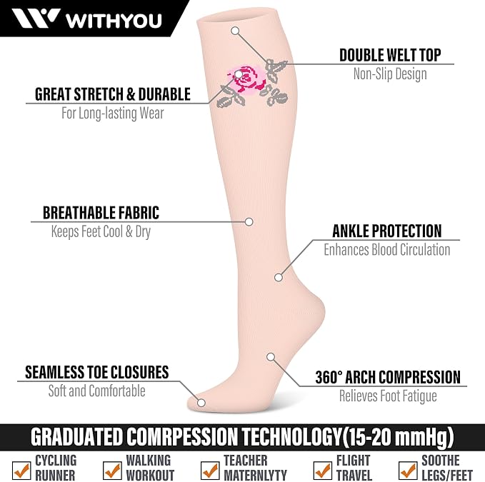 WITHYOU 3 Pairs Compression Socks for Women & Men 15-20 mmHg,Best Support for Nurses Running Hiking - Image 3
