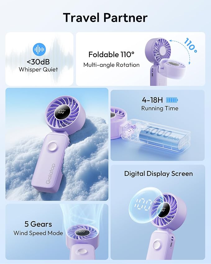 Gaiatop Portable Handheld Fan, Quiet 3 IN 1 Neck/Desk/Hand Fan | Max 18 Working Hours, 5 Speed Rechargeable Battery, Cooling for Travel, Beach, Women/Men Outdoor Activities Gifts Purple - Image 2