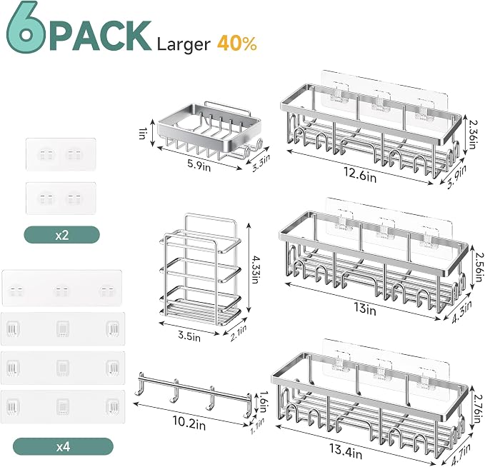 Veken Shower Caddy 6-Pack, Advanced Rustproof Design, No Drilling Adhesive Shelves, Rack with Soap Holder, Large Capacity Bathroom Organizers and Storage, Wall-Mounted Kitchen & Home Decor, Silver - Image 6