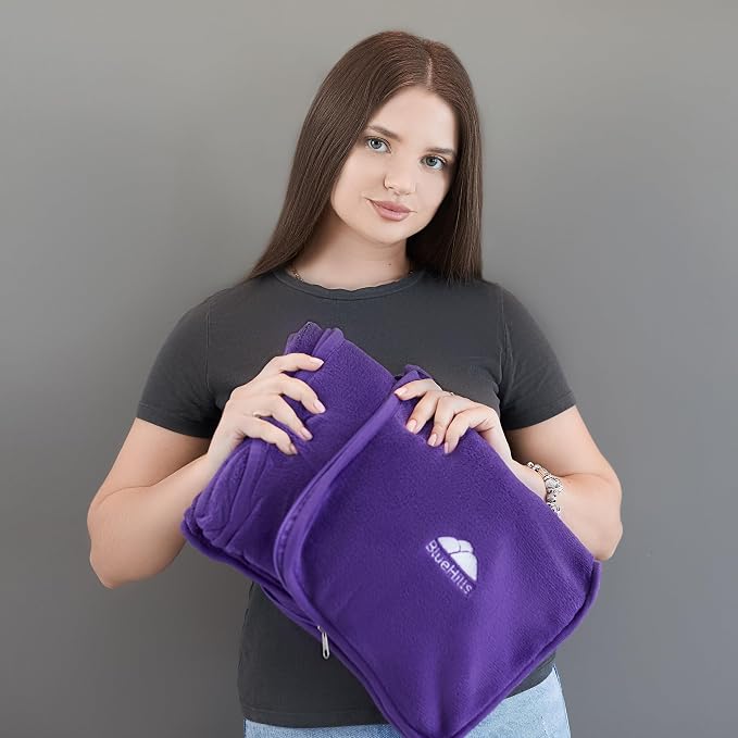 BlueHills Travel Blanket Pillows for Two Airplane Traveling Essentials Flight Throws in Bag case with Backpack Clip Compact Large Plane Accessories – Purple and Black - Image 6