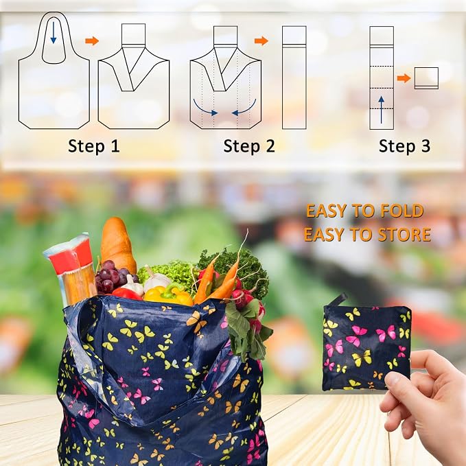 Reusable Grocery Bags,4 Pack 50LBS Foldable Washable Fashion Shopping Bags, Portable Tote Bags Gifts for Women (Butterfly 4 Pack) - Image 4