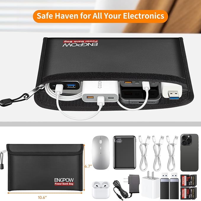ENGPOW Fireproof Organizer Travel Safe Bag, Portable Electronic Carry Case | Heat Insulated＆Explosion-Proof, Home Travel Storage for Power Bank,Phone,Cables,USB Drive,Charging Protection, 2 Pack, Black - Image 4