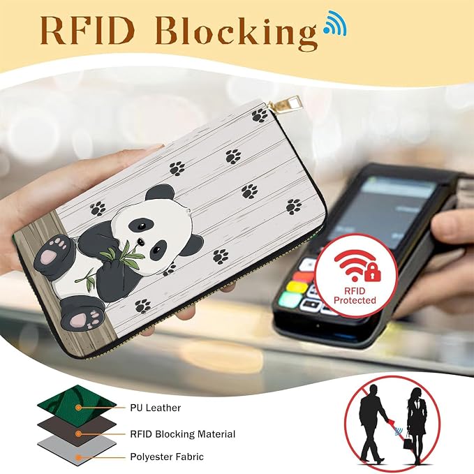 Women's RFID Blocking PU Leather Zip-Around Wallet, Large Capacity Clutch with Phone Holder, Travel Purse & Card Organizer with Removable Wristlet,Panda paw prints - Image 2