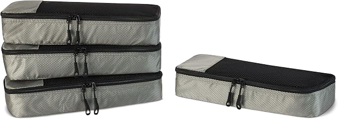 Amazon Essentials 4-Piece Slim Packing Cubes, Travel Accessories Set, Luggage Organizer, Suitcase Organizer with Double Zipper, Mesh Top, Space-Saving, Gray (Previously Amazon Basics) by AmazonEssentials