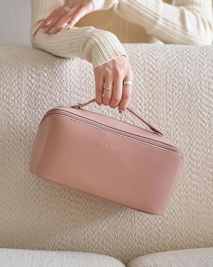 EACHY Travel Makeup Bag for Women, PU Leather Cosmetic Bag, Pink, Large | Water-resistant PU leather exterior with flat-open access, clear TPU brush compartment and organized storage for cosmetics - Image 9