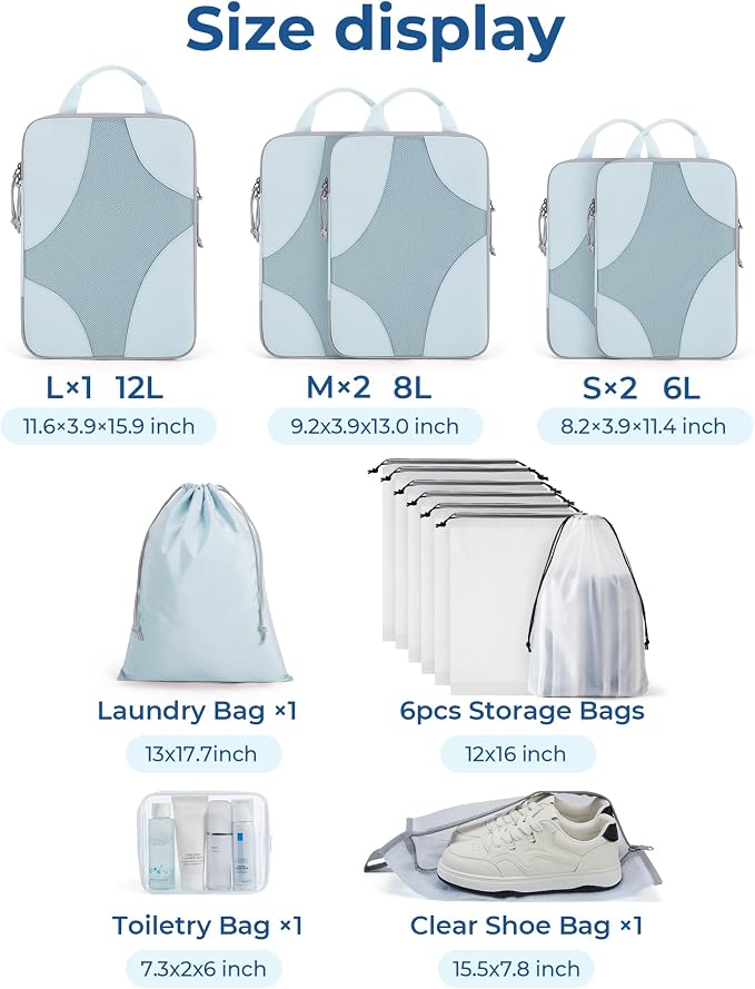 Bagsmart Compression Packing Cubes, Travel Bag Cruise Ship Essentials | Lightweight, Compressible Suitcase Organizer Set fit Standard Carry-On & Checked Luggage, 6 Set, 14 Set Washable Packing Bags - Image 2