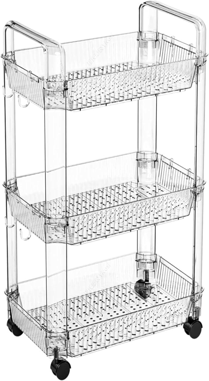 Clear 3 Tier Rolling Utility Cart with Wheels,Modern Bedside Cart for Baby Essentials,Nursery,Diaper Caddy,Baby Supplies,Rolling Storage Carts for Living Room,Bathroom,Kitchen,Book Cart by Yieach