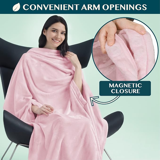 PAVILIA Travel Blanket and Pillow, Arms Opening Airplane Blankets for Adults, Compact Plane Blanket with Arm Hole 2-in-1 Bag for Flight Car Camping Fit in Luggage Backpack Traveler Gift, Pink - Image 2