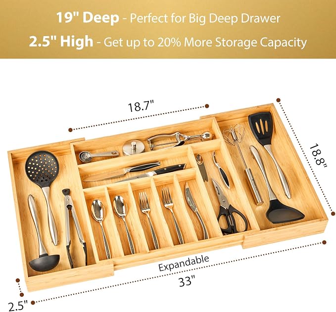 Extra Large Expandable Kitchen Siverware Utensils Drawer Organizer, 19" Deep for Big Drawer, Adjustable Bamboo Wood Drawer Divider with Curved Grooves, Cutlery Tray Flatware Holder - Image 2