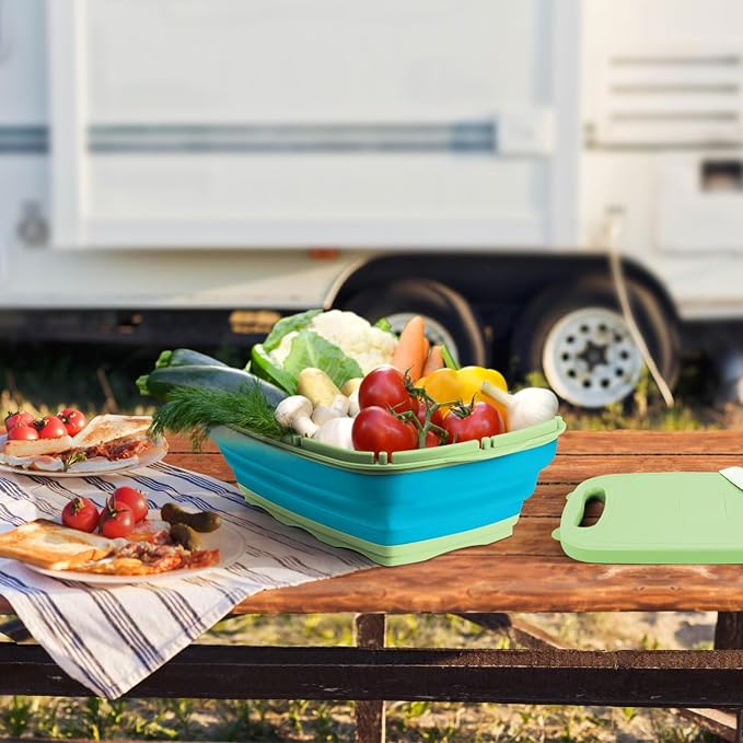 Gintan Camping Cutting Board, 9-in-1 Collapsible Chopping Board with Colander, Kitchen Vegetable Washing Basket for Camping, Camping Gifts Camping essentials for RV Campers (Blue Green) - Image 9
