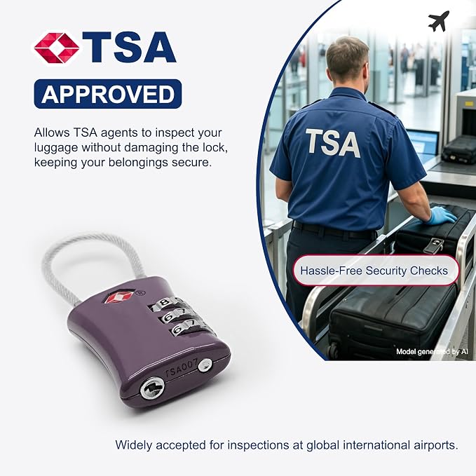TSA Locks for Luggage, Small Combination Padlock with Cable, Luggage Locks TSA Approved for International Travel Essentials, Suitcase, Backpack Zipper, Locker, Flight Attendant Accessories - Image 3