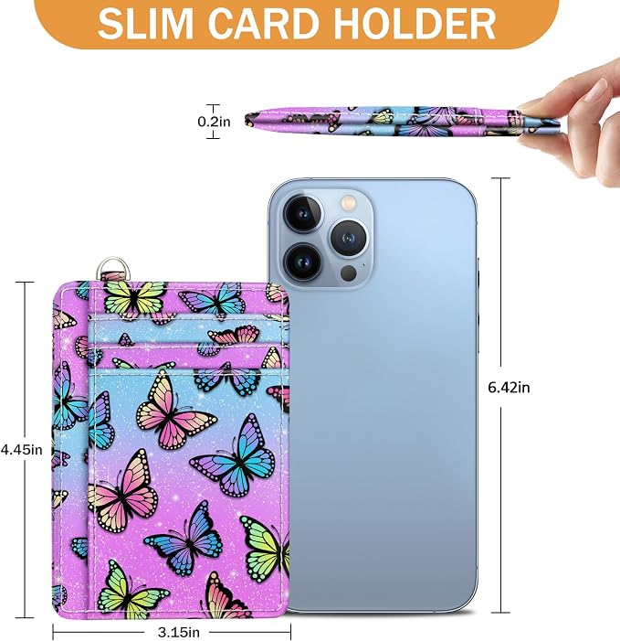 Yonlevres Butterfly Credit Card Holder Slim RFID Wallet Women Small Travel | Front Pocket, Handy, RFID Blocking, Woman Girls Ladies Gifts, D-ring for Keychain,Thin Mini Card Case, ID Window, PU Leather - Image 6