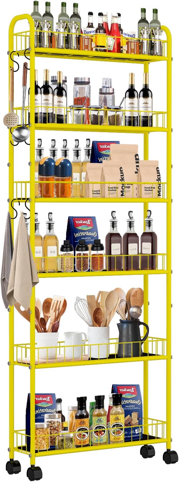 6-Tier Slim Storage Cart with Wheels, Metal 6in Narrow Rolling Shelf, Sturdy Slim Storage with Hooks Ideal for Kitchen, Bathroom, and Laundry Room, Yellow by RUOZTEOO