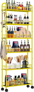 6-Tier Slim Storage Cart with Wheels, Metal 6in Narrow Rolling Shelf, Sturdy Slim Storage with Hooks Ideal for Kitchen, Bathroom, and Laundry Room, Yellow by RUOZTEOO