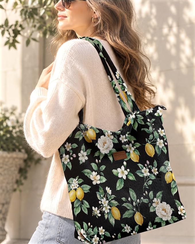 Aesthetic Corduroy Tote Bag with Zipper for Women | Reusable, Fits 14 Inch Laptop, Inner Pocket, double-sided print, Lightweight - Image 2