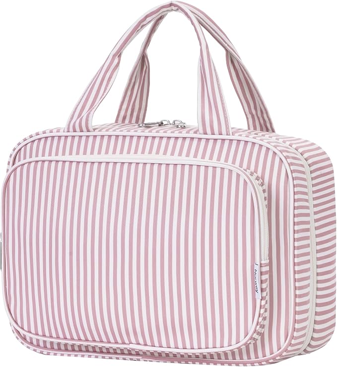 Narwey Striped Travel Toiletry Bag for Women Large Hanging Makeup Bag Organizer Toiletries Bag for Full Size Essentials Accessories Cosmetics (Dusty Pink Stripe (Large)) by Narwey