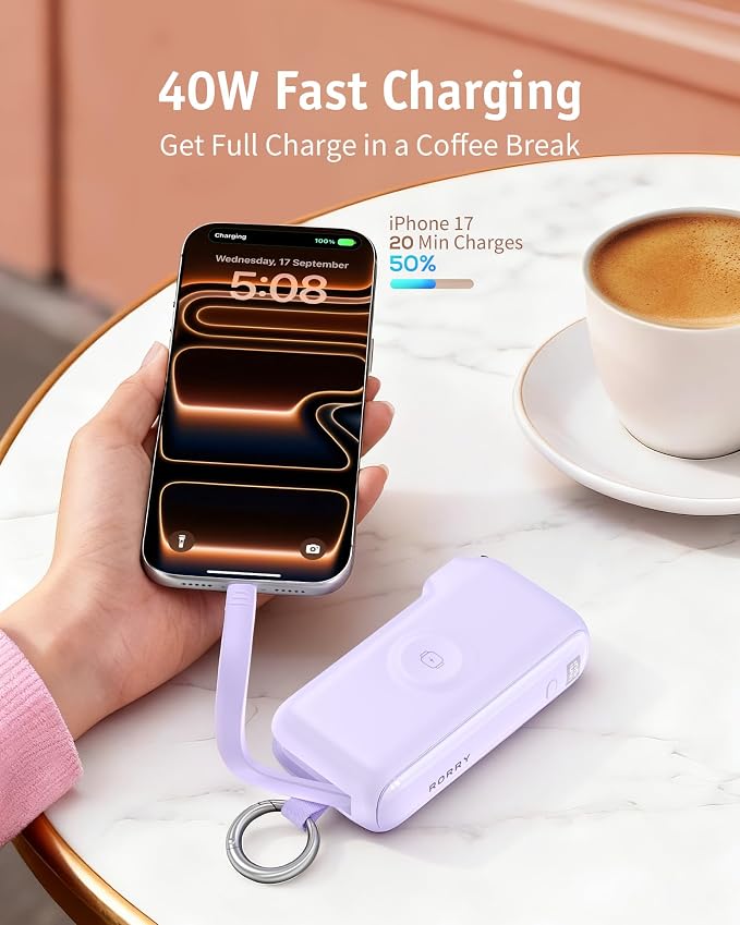 RORRY Flow Portable Charger 10000mAh 40W Wall Plug Power Bank Battery Pack | Built-in USB-C Cable, Keychain Design, Fast Charging, for iPhone 17/16/15, Apple Watch, iPad, 3-in-1, Travel Essential - Image 4