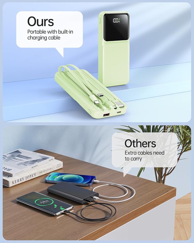 Portable Charger with Built in Cable 20000mAh Fast Charging | Power Bank USB C Slim 22.5W LED Display Battery Pack 5 Outputs & 3 Inputs for Travel Essentials iPhone Samsung Phones Green - Image 7